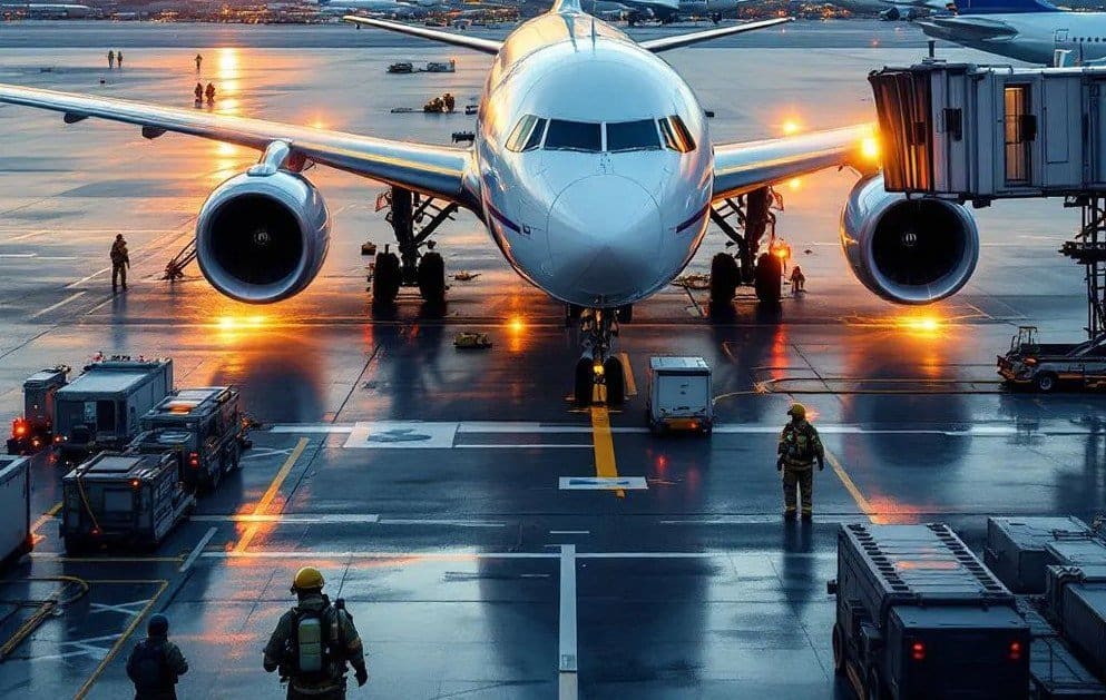 ARFF crews staged near an aircraft on the runway.